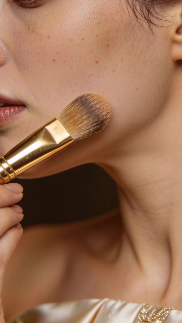 Vertical video: Blending foundation brush after jawline swipe in studio, even skin with gold strap