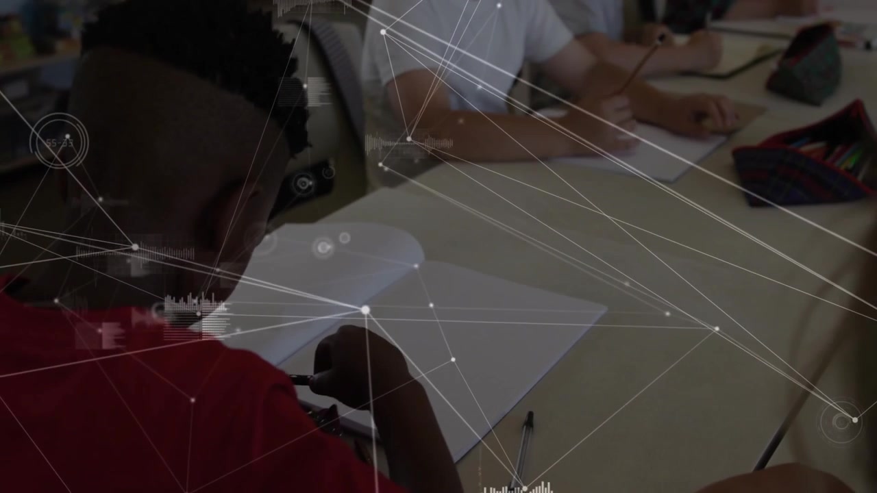 Boy in red shirt lifting pencil, starting drawing while data overlays guiding education skills