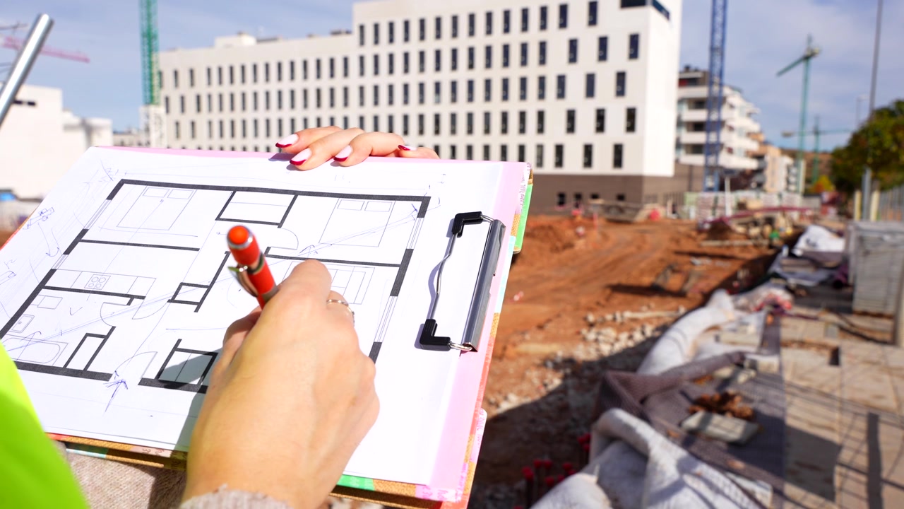 Unrecognizable female architect reviewing apartment blueprints at a new residential building site