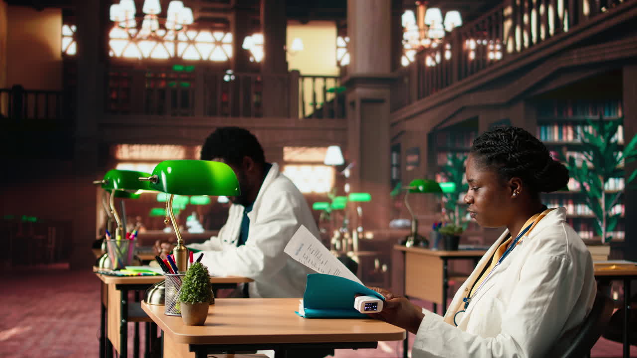 의학 학교에서 흑인 여성 학생은 옥시미터를 사용하고 연습에 대해 읽습니다.