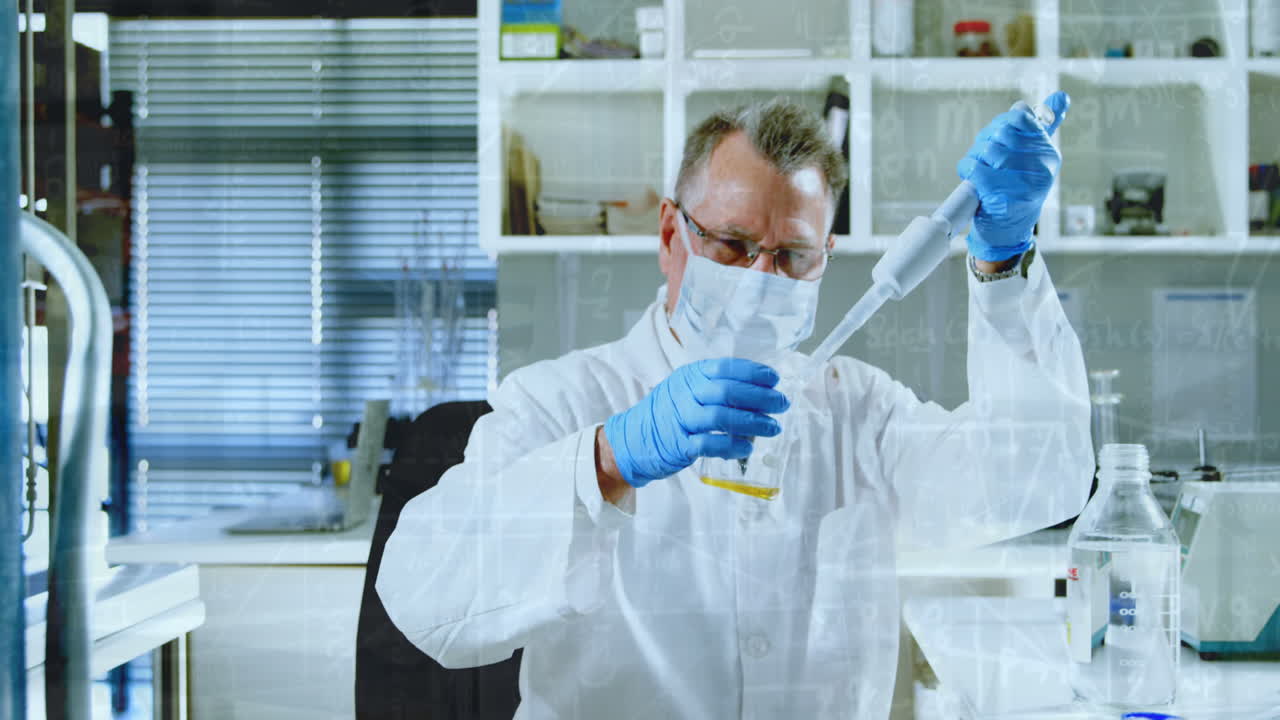 Animation of chemical formulas over caucasian senior male lab worker in face mask with sample