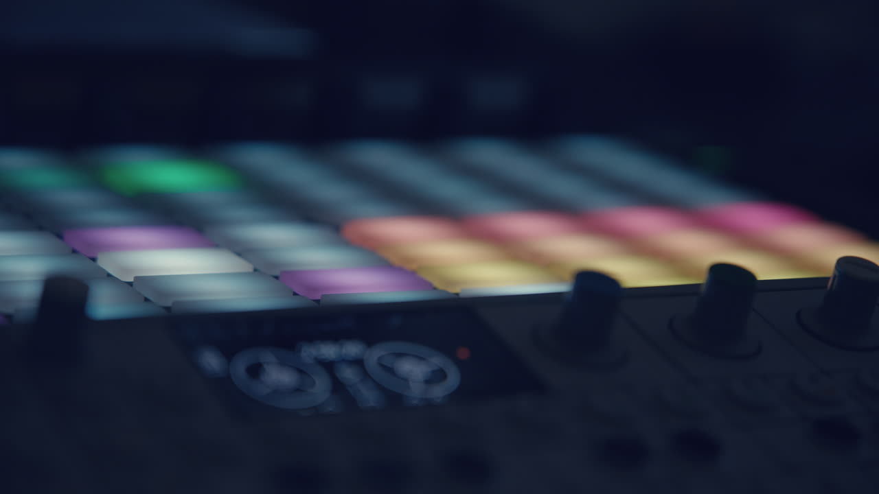 Primo piano di un controller per la produzione musicale con pad illuminati e colorati