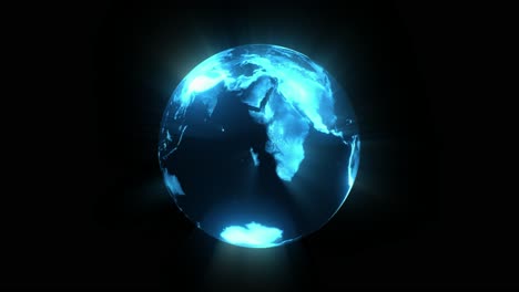 rotating digital hologram of globe of earth planet with glow and rays