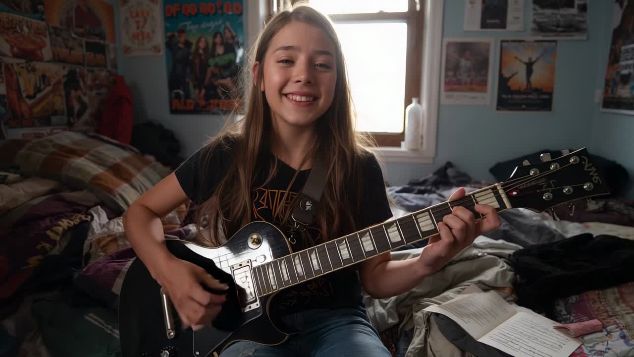 Teenager, der klimprer på guitar iført sort band t-shirt, og øver sig på sengen i soveværelset, mens han følger noder