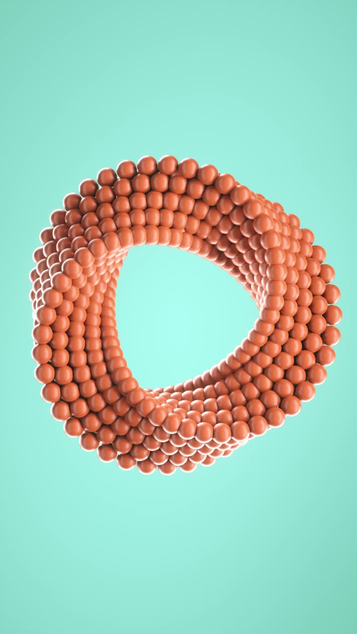 3D loop animation of spinning balls molded into uneven circle. Vertical background