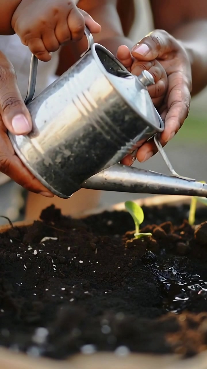Vertical video: Holding can, toddler in white top and mom pouring water at planter moistening soil
