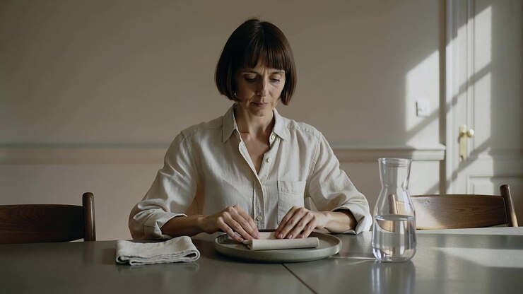 Picking up napkin, woman folding and smoothing napkin on plate preparing table at dining table