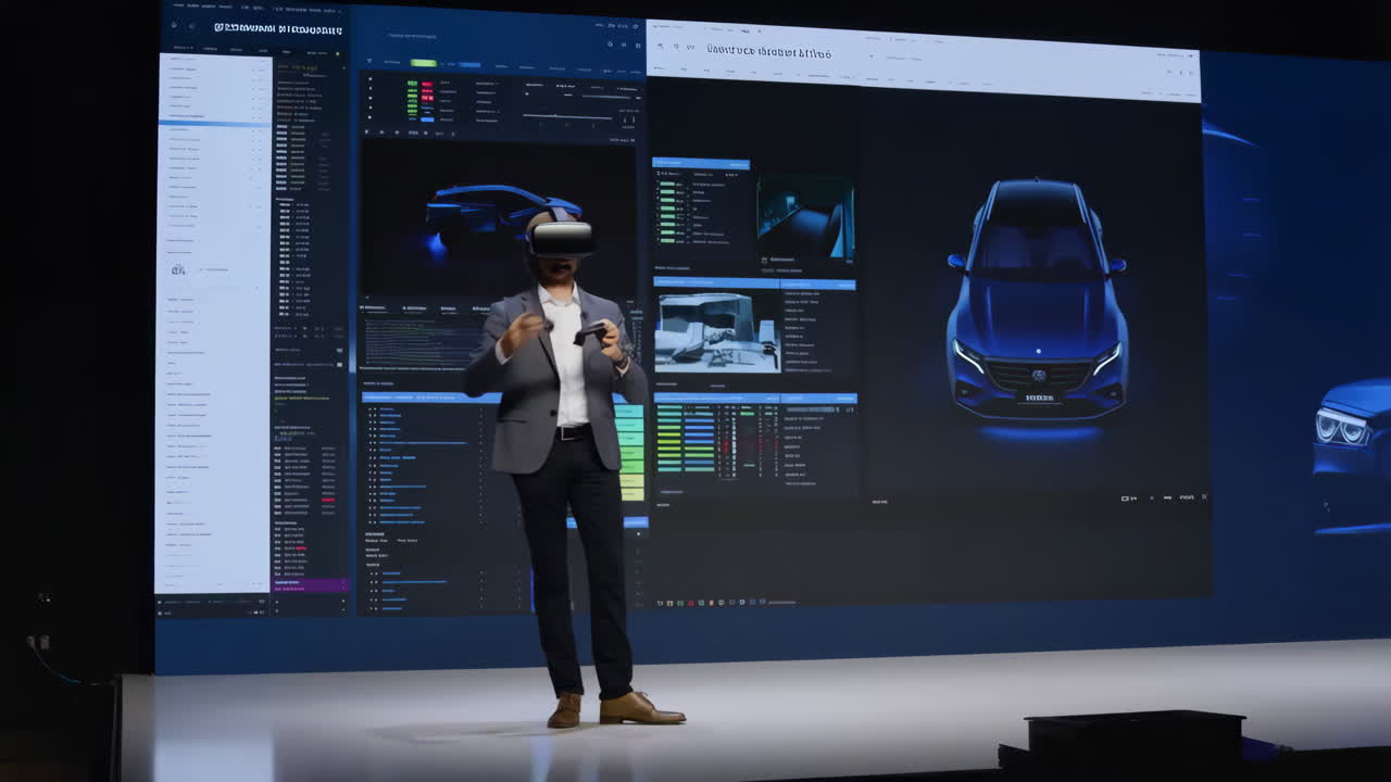 Man using virtual reality for automotive design on a large screen