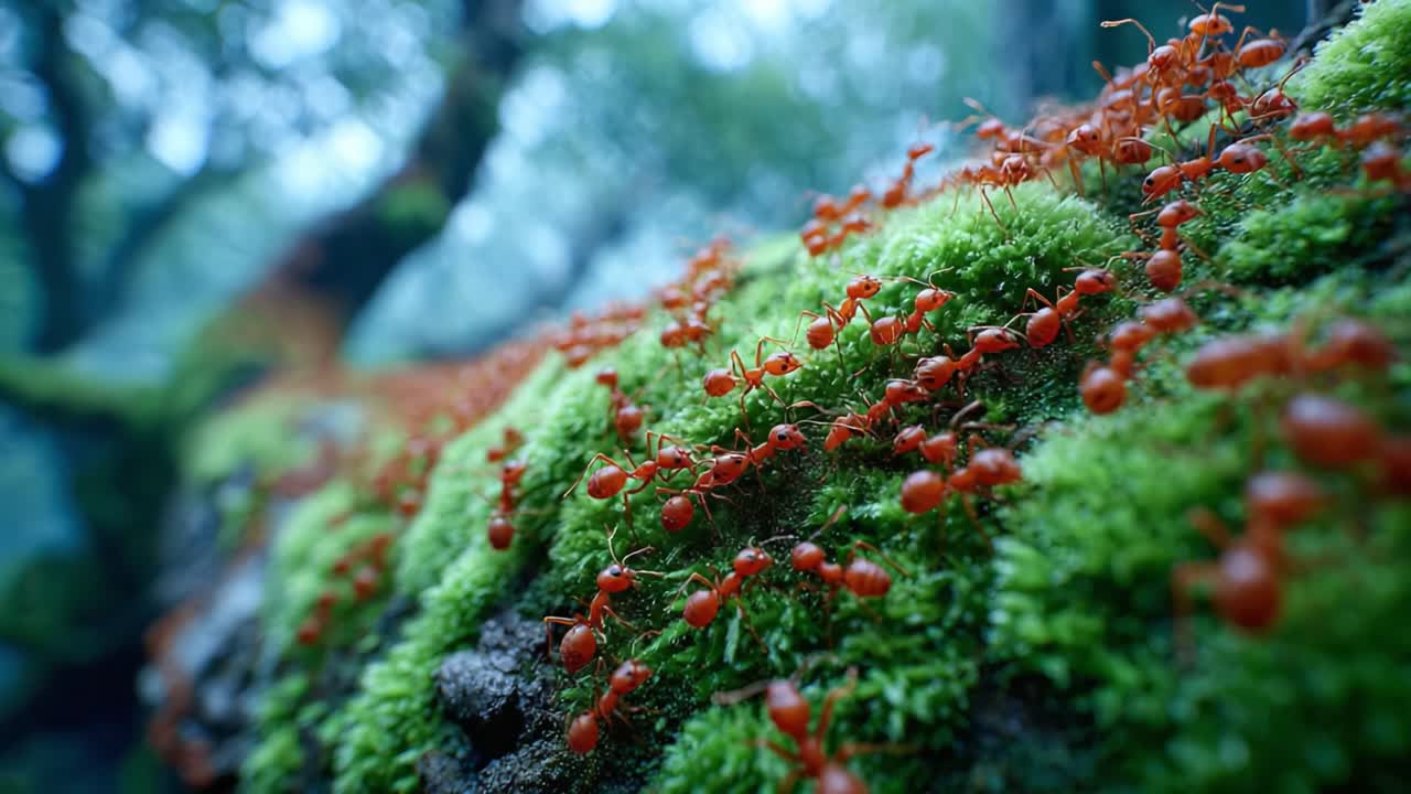 A Close-up View of Red Ants Crawling Across Lush Green Moss in a Misty Forest Setting, Capturing the Intricate Details of Nature's Ecosystem