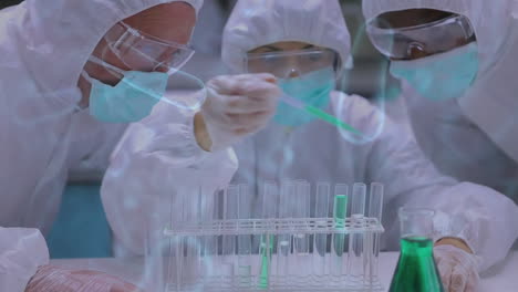 animación de diversos científicos con equipo de protección que toman una muestra de líquido en un tubo de ensayo