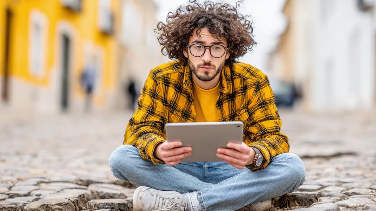 A Young Man with Curly Hair and Glasses Sits on Cobblestone Streets, Engrossed in His Tablet, Surrounded by Vibrant Yellow Walls and People Passing By in a Lively Scene