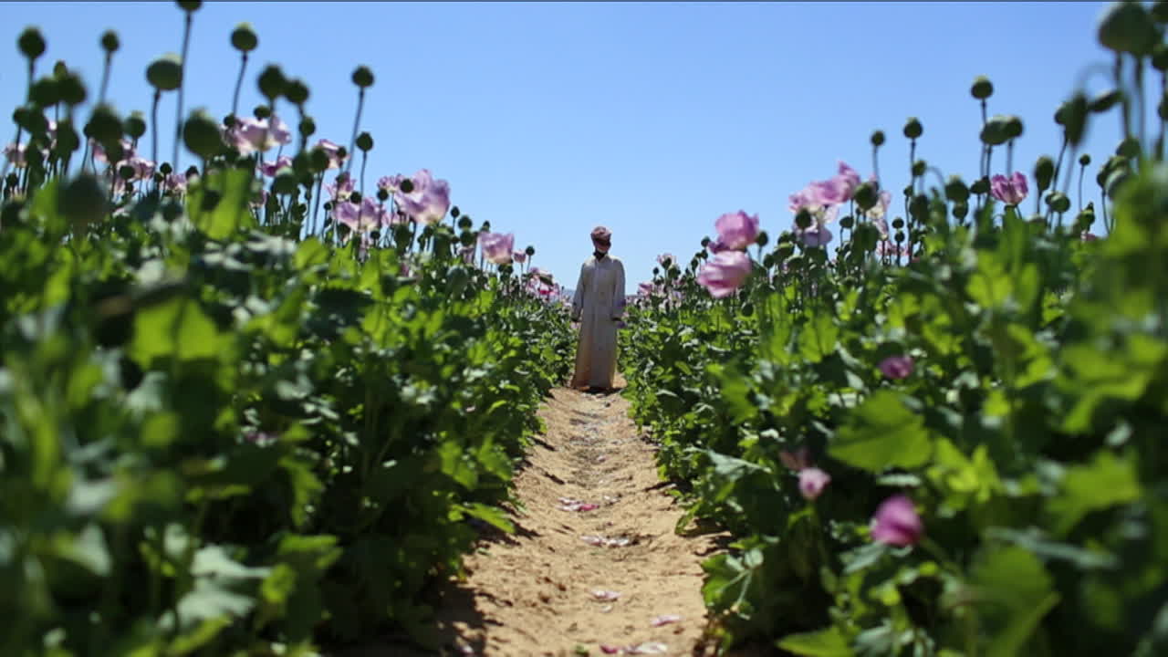 un hombre árabe se para en los campos de opio durante la temporada de cosecha 1