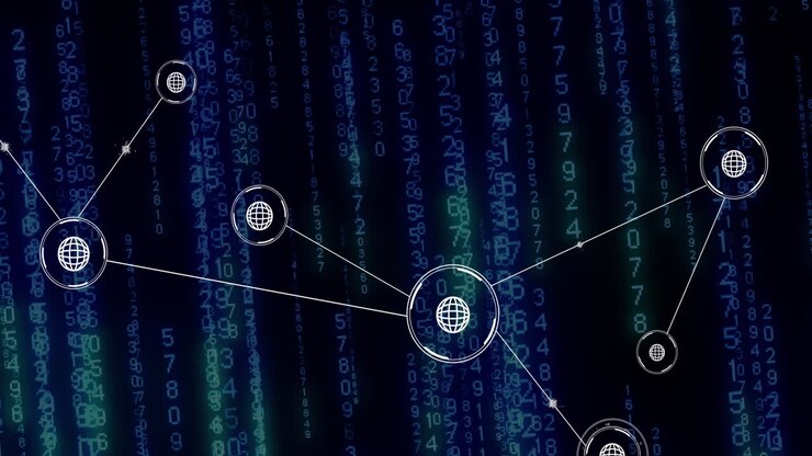 Animation of global communication network over data processing on blue background