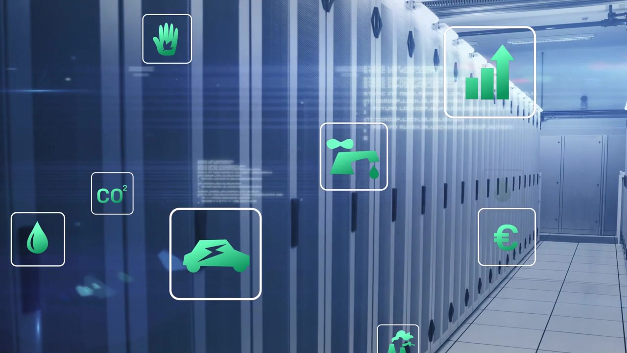 Camera sliding datacenter corridor, causing racks showing drifting CO2-water-EV icons for savings