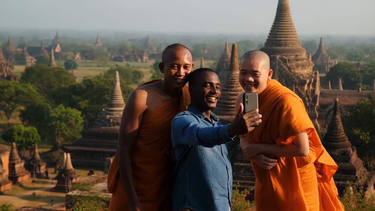Monks and Traveler Take a Selfie at Ancient Bagan Temples