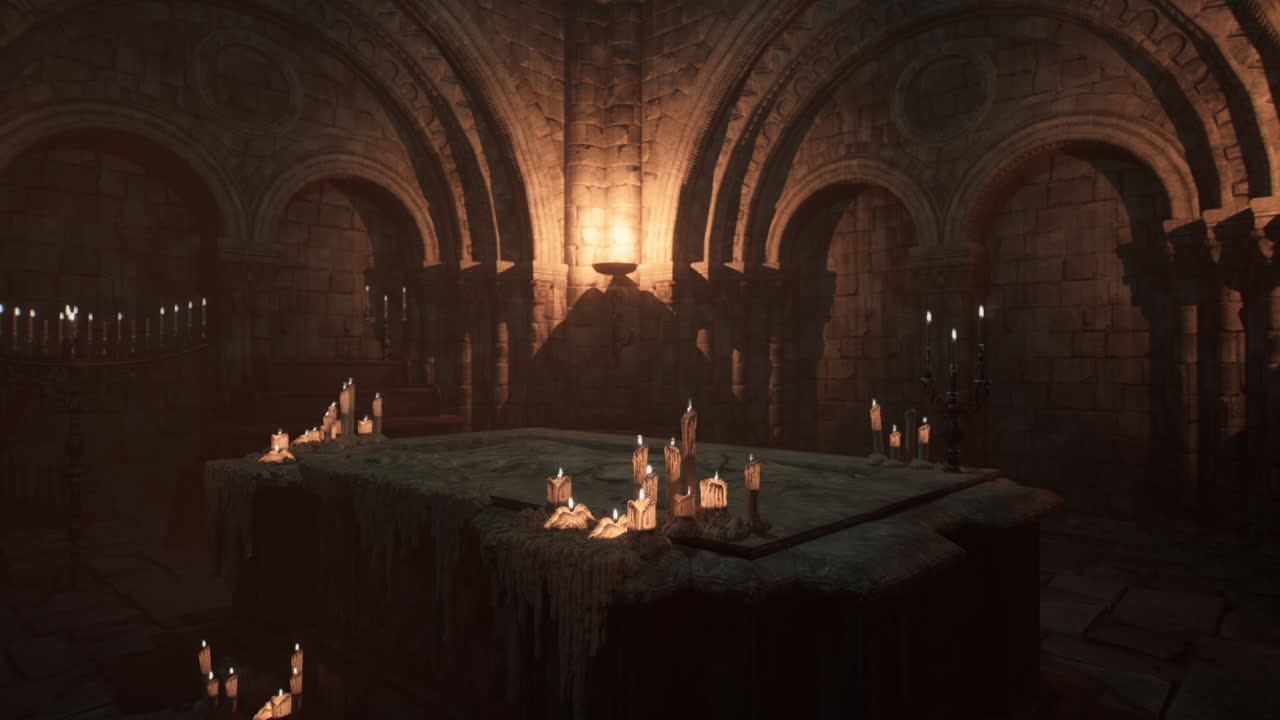 una habitación de piedra oscura y iluminada por velas con puertas arqueadas