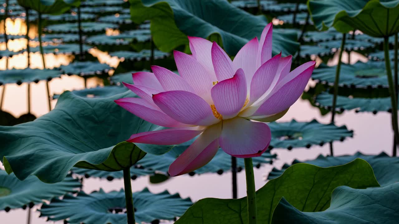 A serene video still of a lotus flower in bloom, captured at eye level
