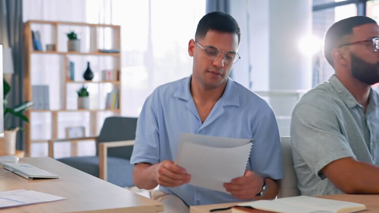Business, men and employees with documents