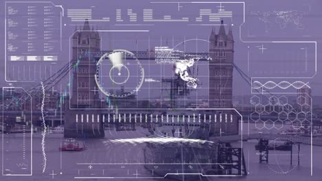 animation of statistics and financial data processing over cityscape