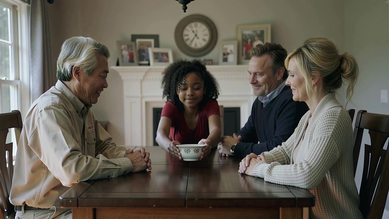 Holding bowl to chest, child offering bowl at dining table to seated adults, wearing maroon top