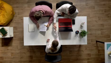 young female candidate for job interviewed by two employers, topshot, sitting at table in modern office, interview concept