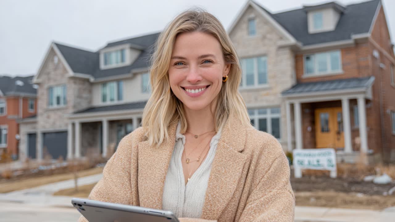 A young woman stands confidently with a tablet, smiling in front of a beautifully designed home, showcasing a blend of style and modern living