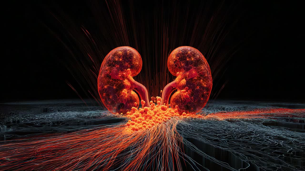 A Stunning Visualization of Two Human Kidneys in an Explosive Display of Energy, Representing Vitality and Functionality within the Human Body, Captured in Vivid Colors and Details