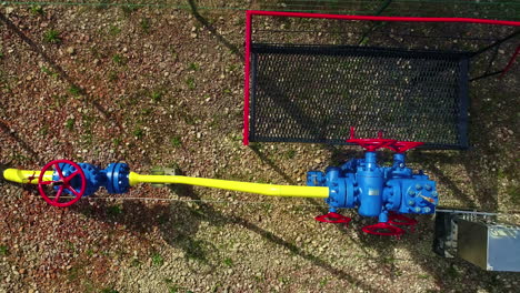 valves and pipeline of natural gas, aerial top down view