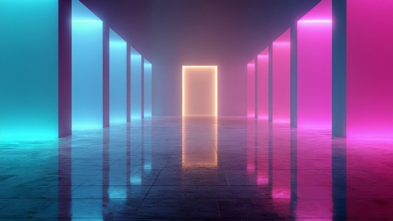 An Ethereal Corridor Filled with Neon Lights and Reflections Leading to a Mysterious Portal, Creating a Dreamlike Ambiance in a Futuristic Space