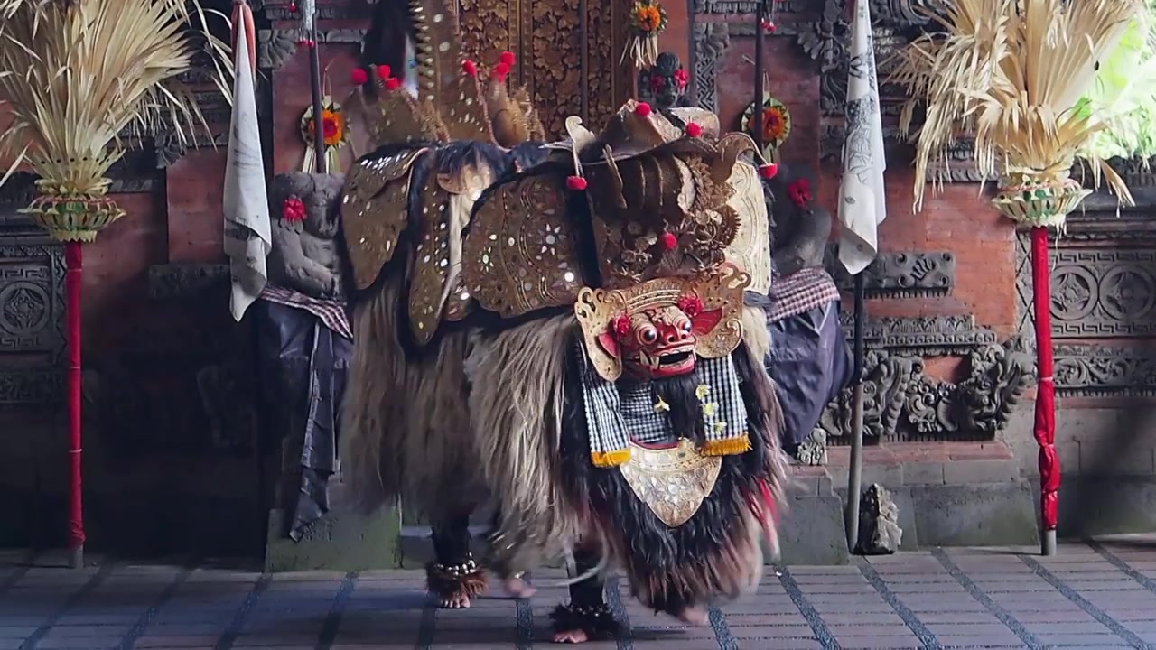 Bali, Ubud, Geleneksel Bali Barong Dansı; efsanevi aslan sahnede sallanıyor, zıplıyor ve dans ediyor. Renkli ve parlak kostüm, göz alıcı performans.