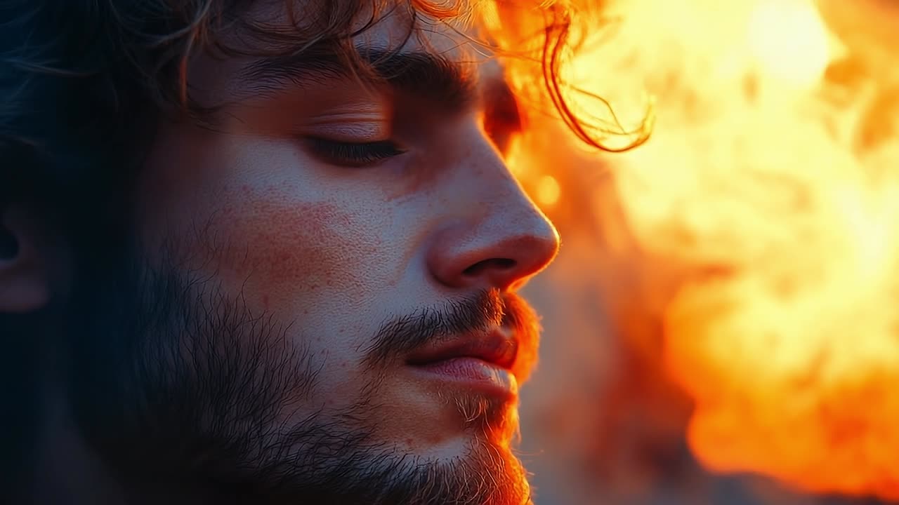 Close-up of young man with fire glow. A young man stands in profile, illuminated by the warm glow of a fire in the background, reflecting deep contemplation.