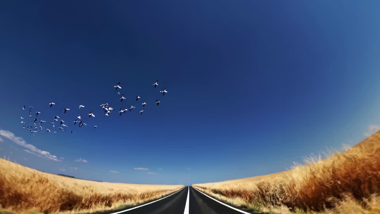 Dynamic low-angle video shot of an endless road flanked by golden fields, emphasizing speed