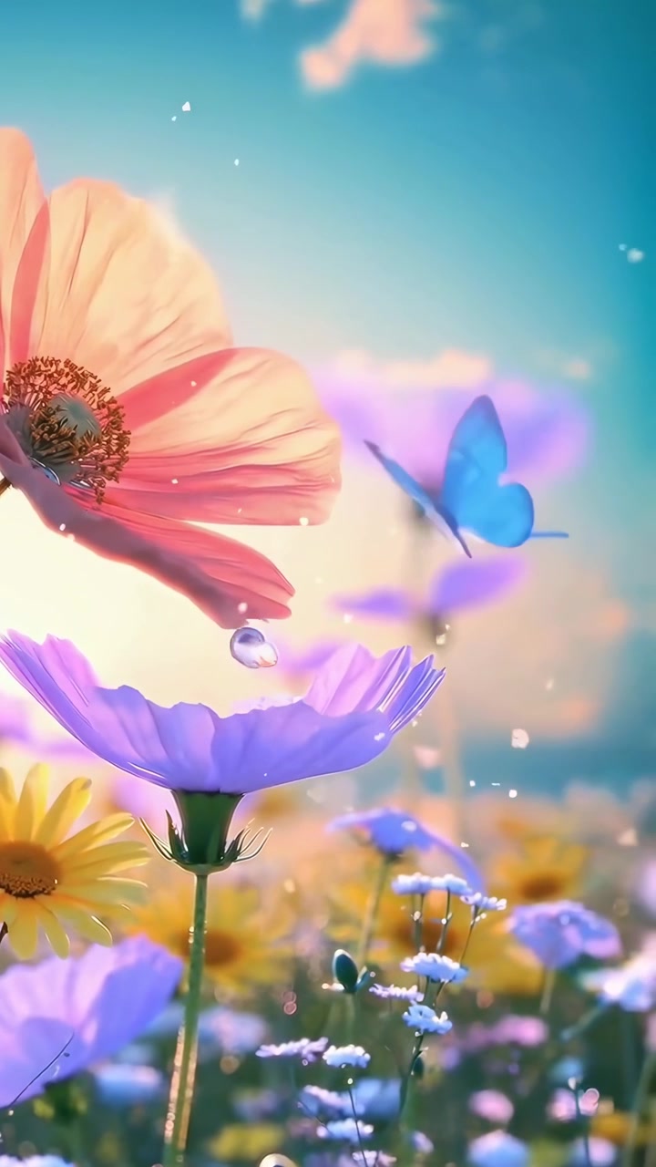 Water Drops Fall from Pink Flower onto Purple Cosmos with a Flying Butterfly