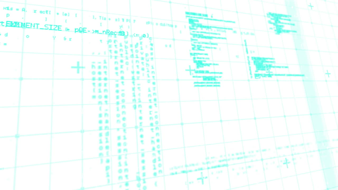 Animation eines Gitternetzmusters und von Computersprache vor weißem Hintergrund.