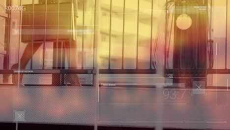 animation of abstract pattern over low section of businesswoman with suitcase walking in corridor