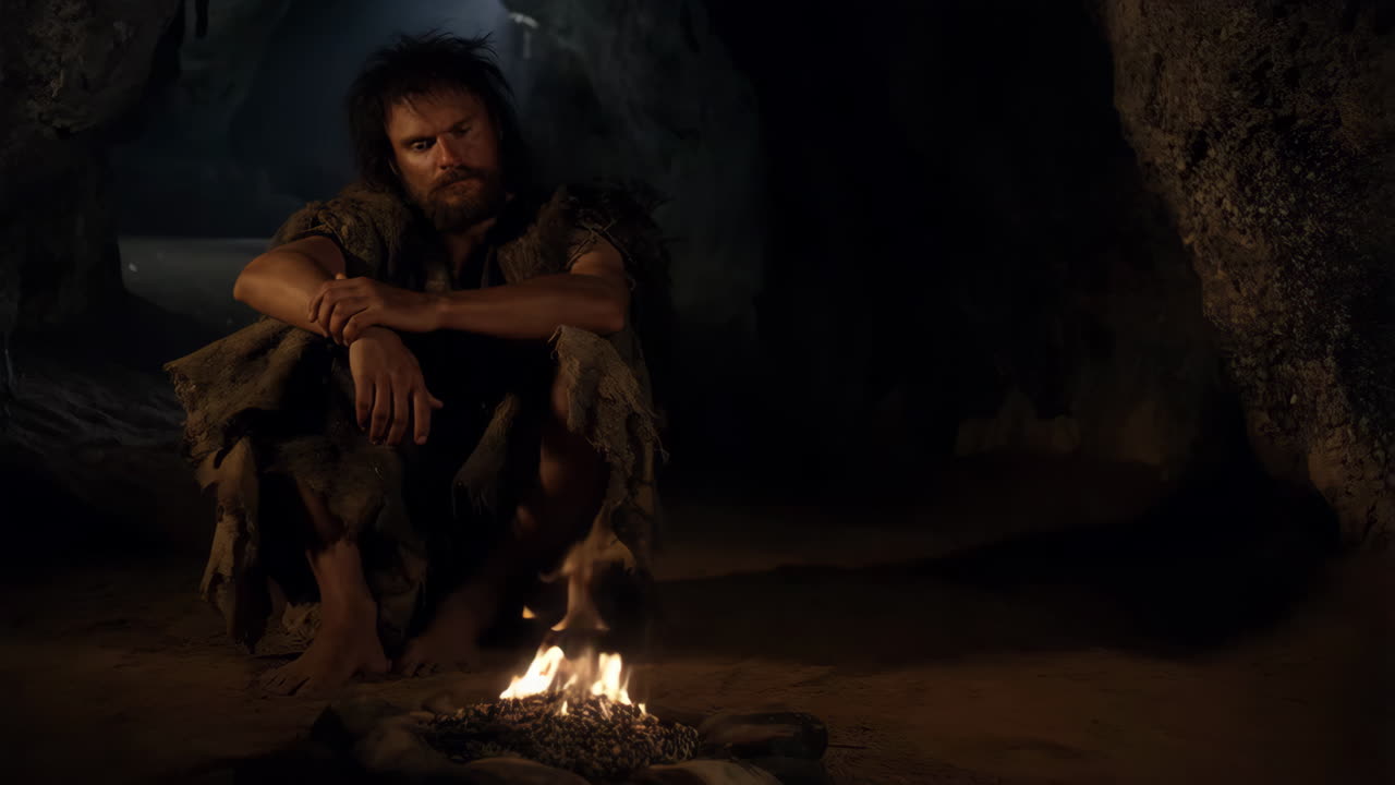 A primitive man sits by a campfire in a dark cave