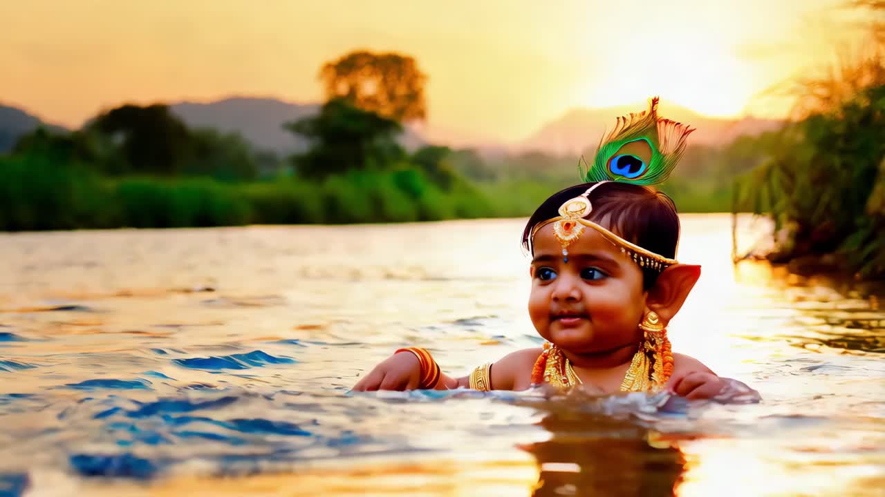el bebé krishna en un río al atardecer