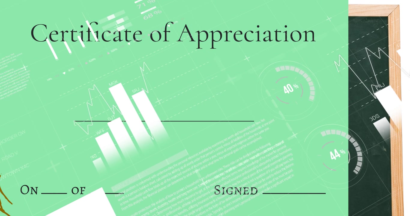 Animation of statistical data processing over certificate of appreciation and chalkboard