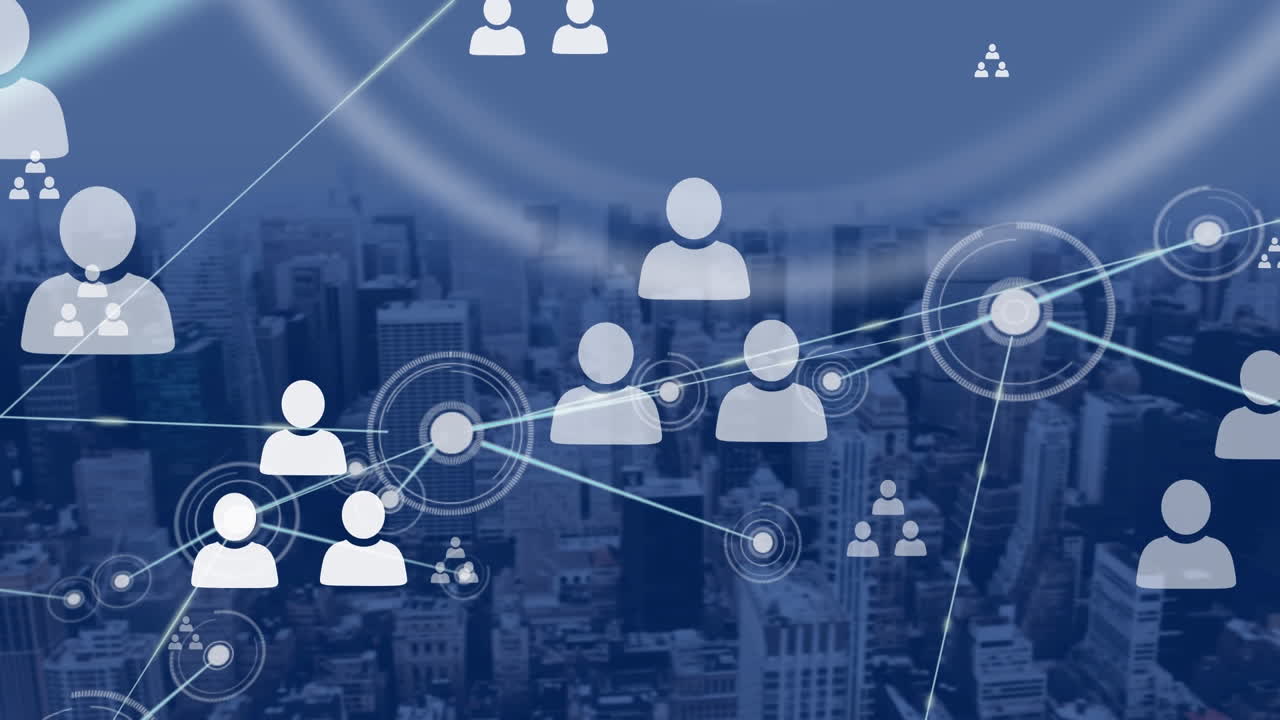 도시 풍경 위의 아이콘으로 연결된 네트워크의 애니메이션