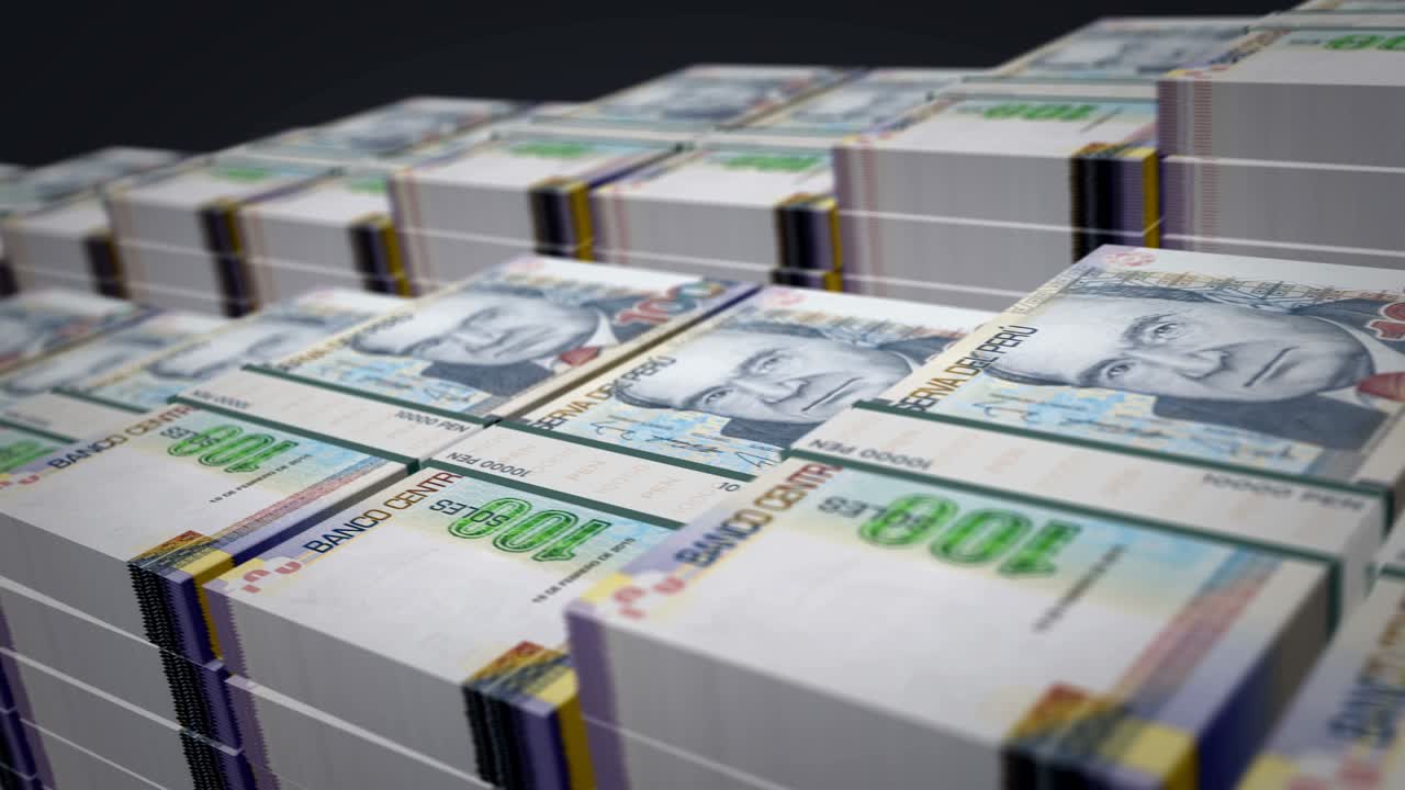 Peruvian Soles money banknote pack growth up loop