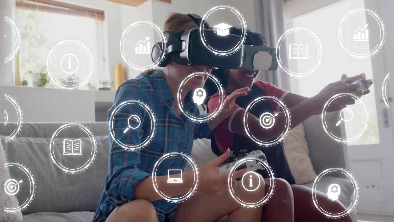 jugar videojuegos con auriculares vr, iconos educativos animación sobre la escena