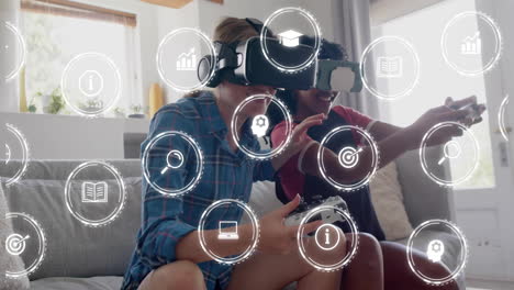jugar videojuegos con auriculares vr, iconos educativos animación sobre la escena