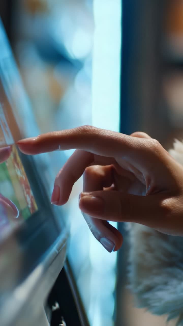 Close-Up of a Hand Interacting with a Touchscreen Display in a Modern Environment, Showcasing Technology and User Interaction in a Digital Era