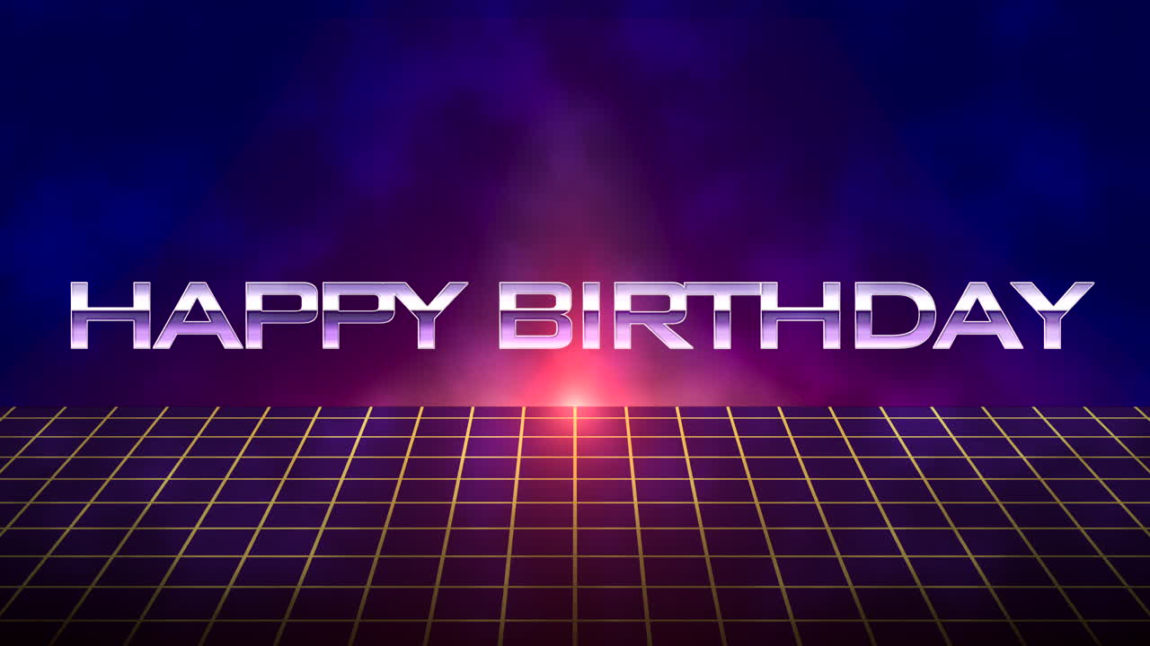 feliz cumpleaños en cuadrícula en galaxia con estrellas al estilo de los 80