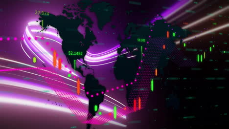 animation of data processing and world map over light trails on purple background