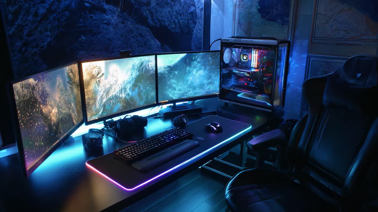 A Stunning Gaming Setup Showcasing a Sleek Triple Monitor Display with Vibrant Lighting, Advanced PC Components, and Ergonomic Design in a Dark Atmosphere