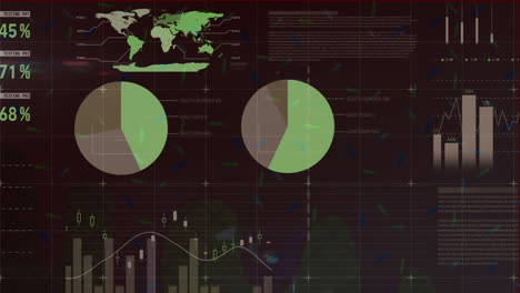 Animation of multiple changing numbers over statistical data processing against grey background