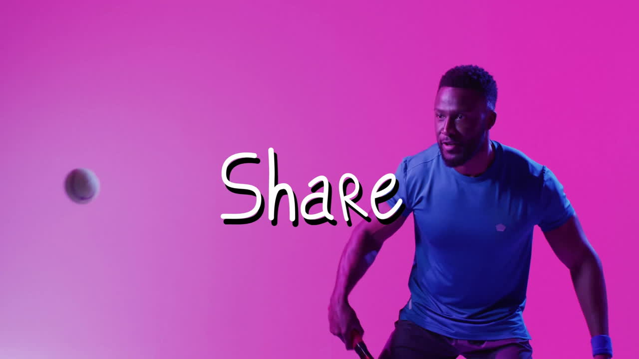 Posing with Share text, man in blue shirt against pink background animation