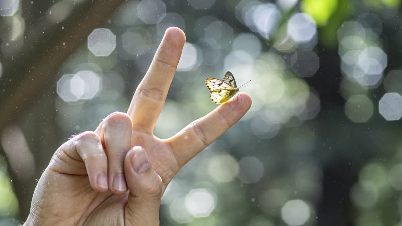 Mano che forma una V nel parco, farfalla giallonera che vola, atterrando per riposare con polline che fluttua.