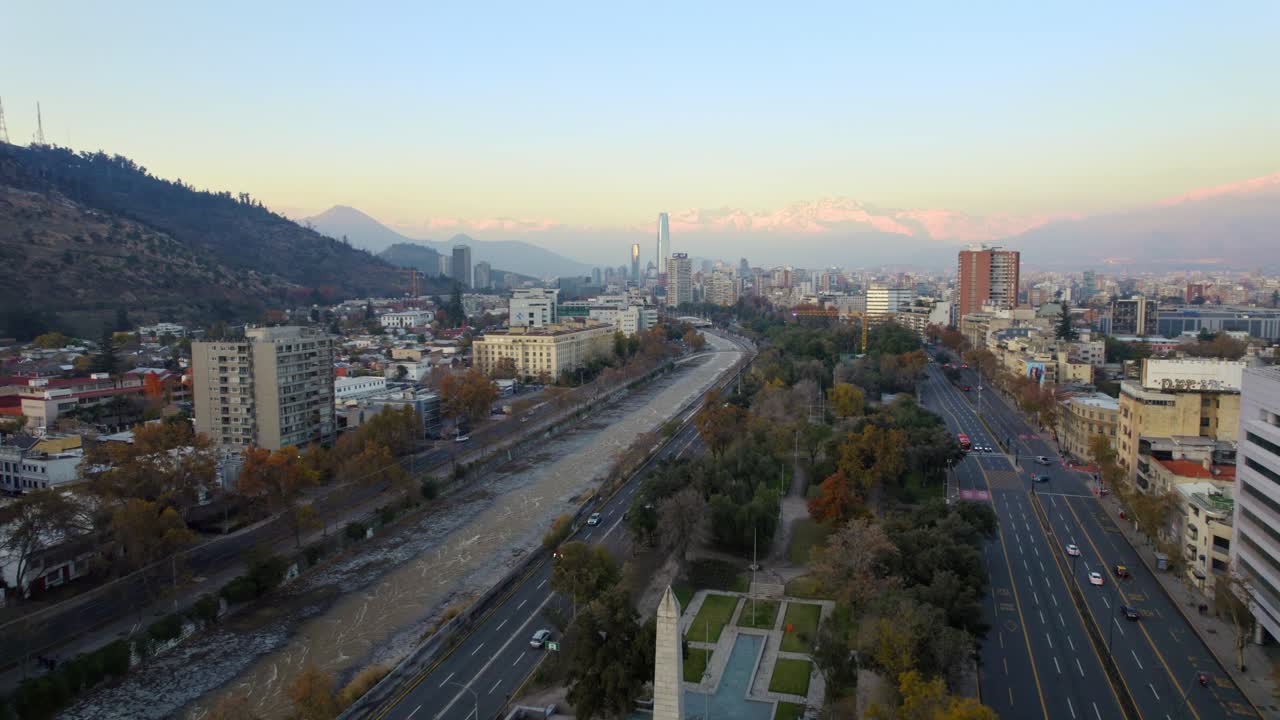 Aerial View of Santiago, Chile with Mapocho River and Andes Mountains at Sunset